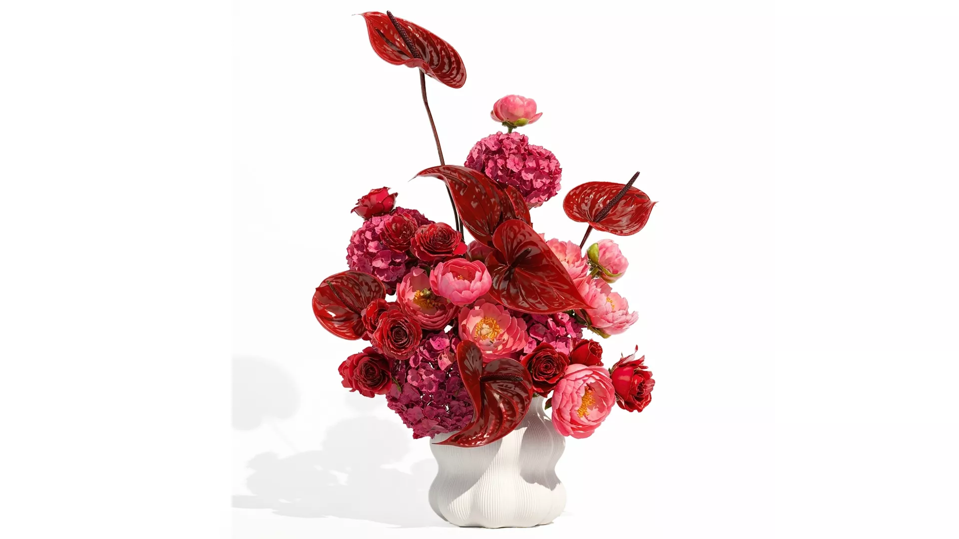 Bouquet Red Flowers Anthurium Hydrangea Peony Rose vase decor 3D model
