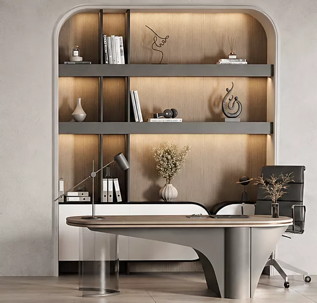Modern Executive Office Desk Arched Built In Bookshelf Low-poly 3D model