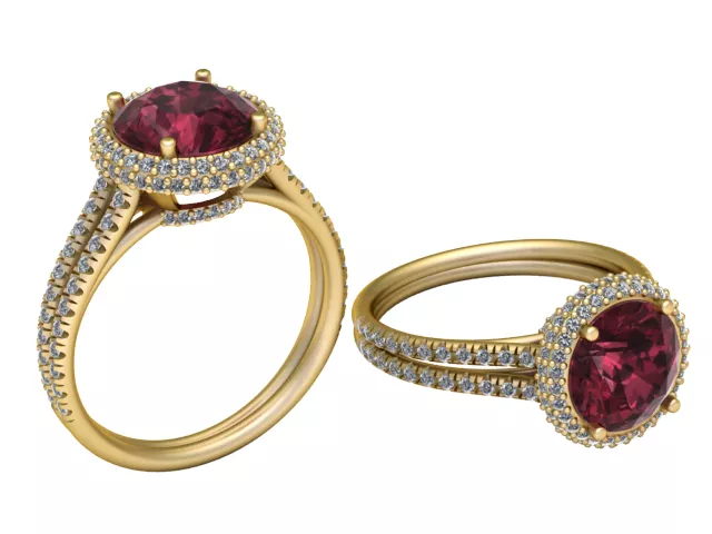 Red Gemstone Double Halo Gold Engagement Ring 3D print model