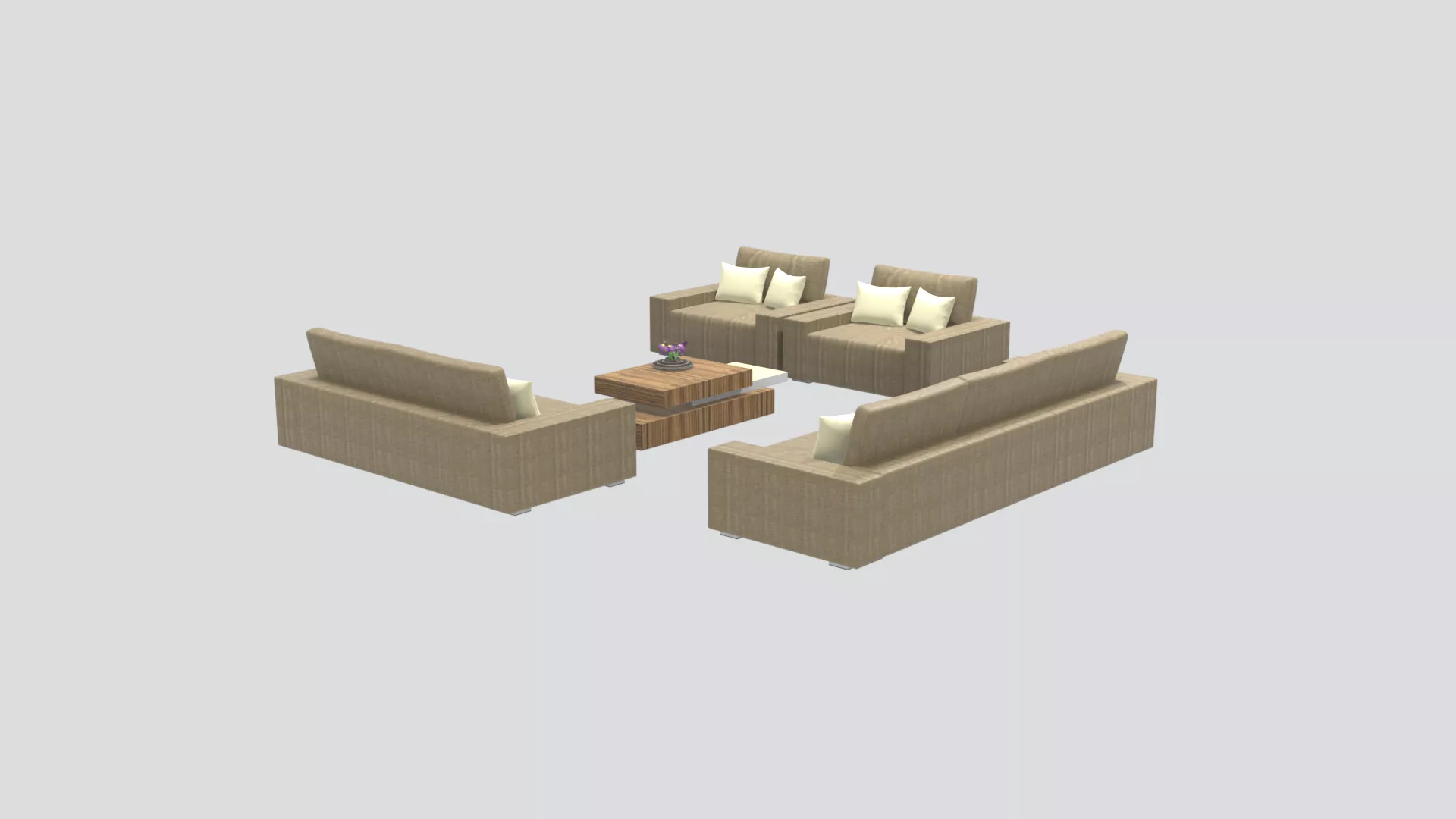 Fabric Sofa Set with Wood Coffee Table 3D Model Low-poly 3D model
