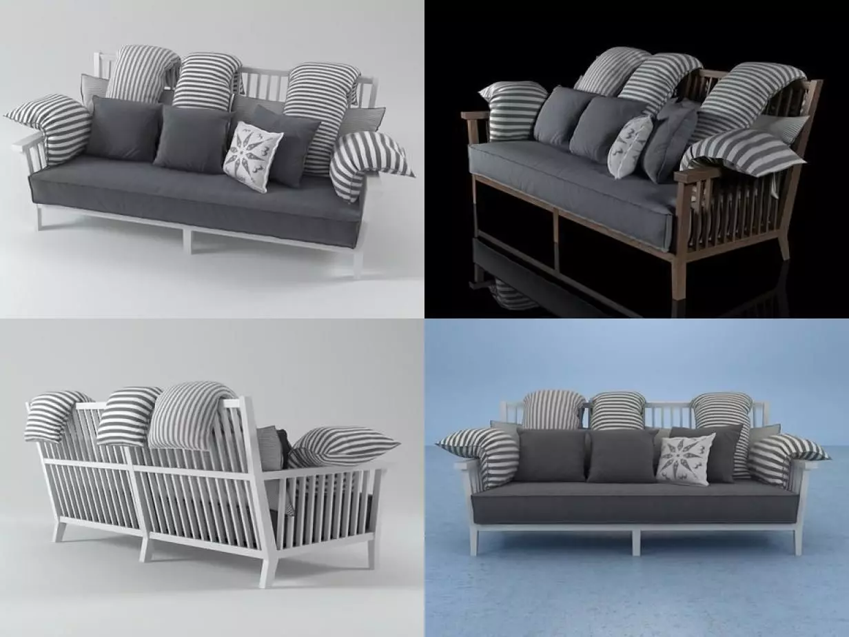 Gray four different sofas with pillows 3D model_1