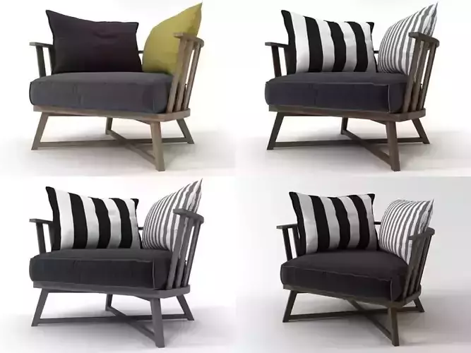 Gray four different chairs with striped pillows 3D model