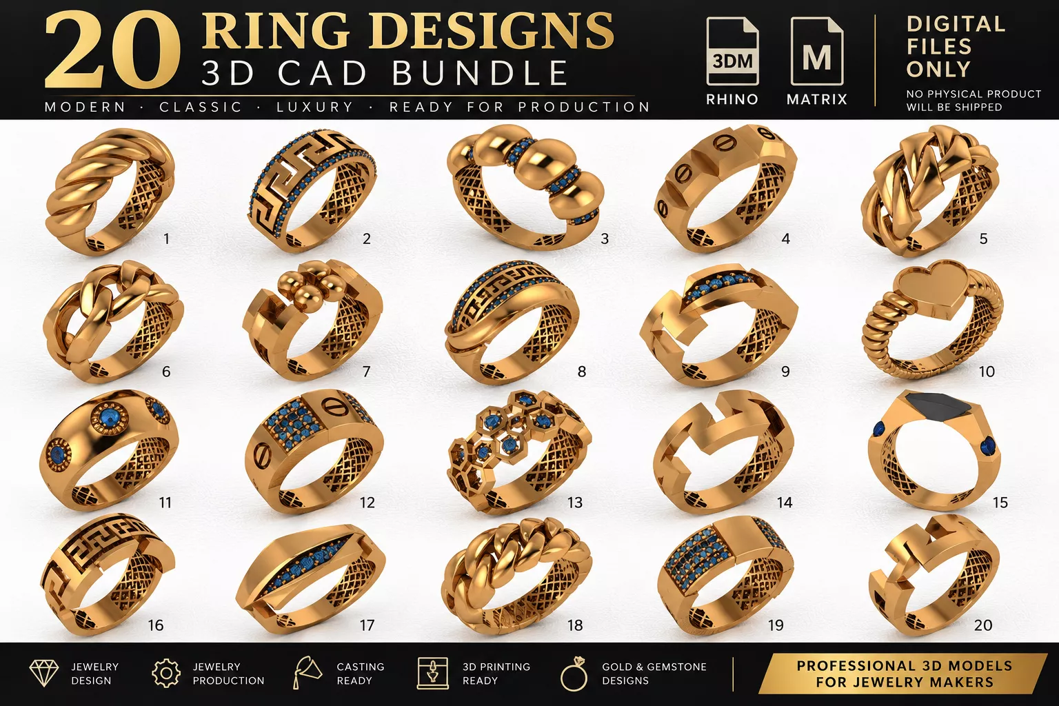 20 Professional Jewelry CAD Ring Models Collection 3D print model