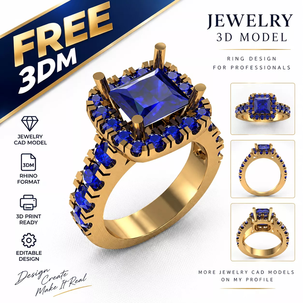 Free Square Gemstone Ring Jewelry CAD 3D Model 3DM Free 3D print model
