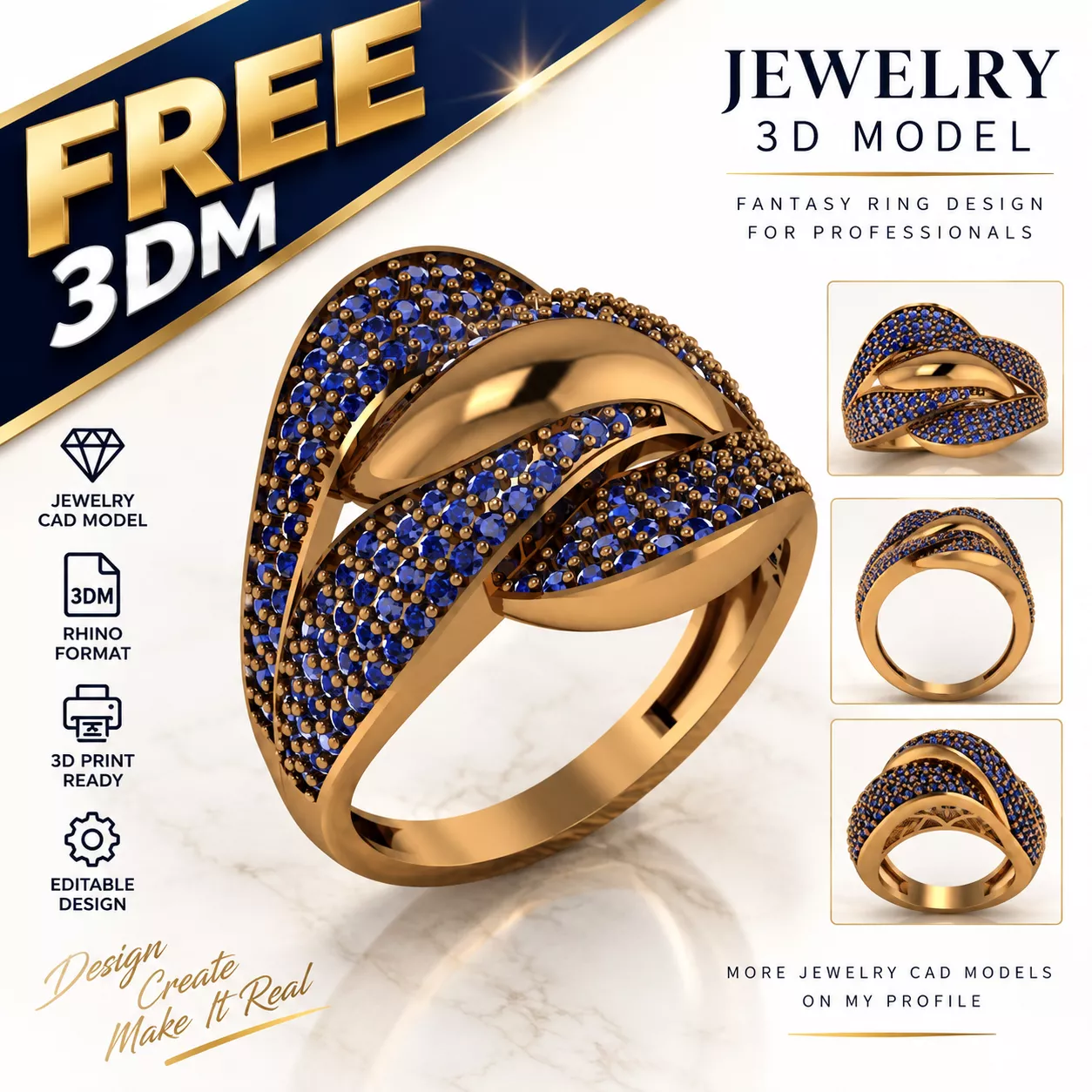 Free Fantasy Pave Ring Jewelry CAD 3D Model 3DM Free 3D print model