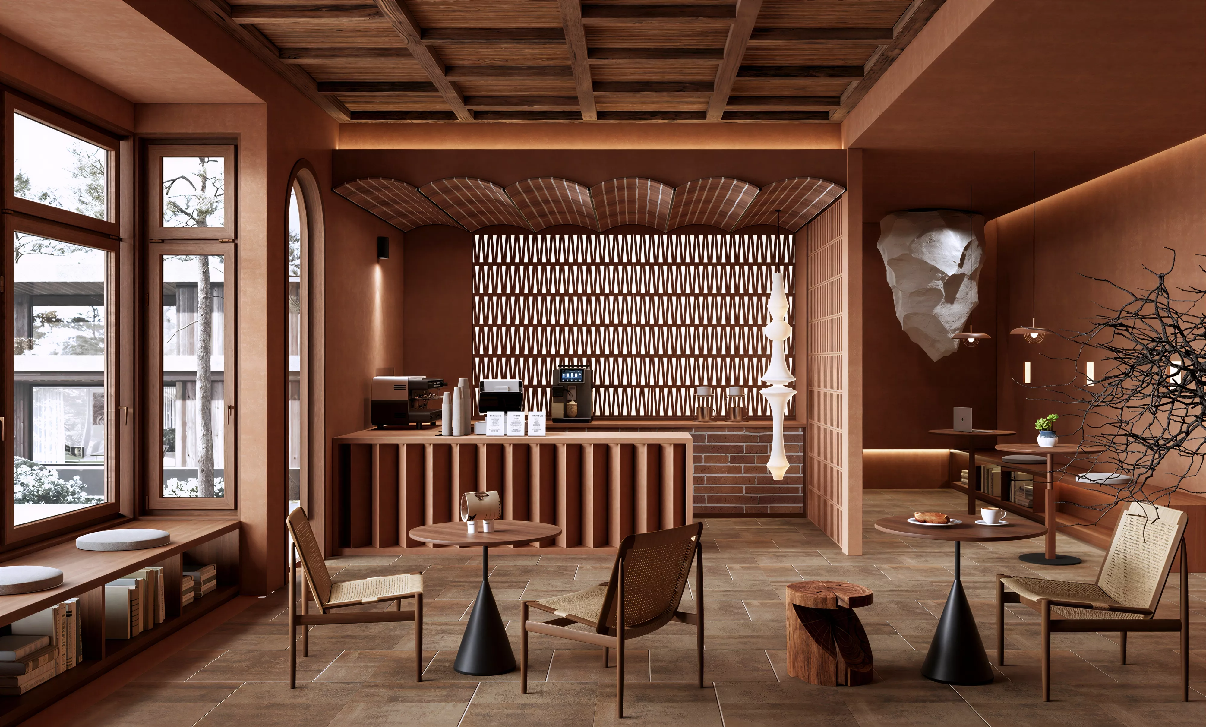 Modern Warm Wooden Cafe Restaurant Bar Interior 3D Model 3D model