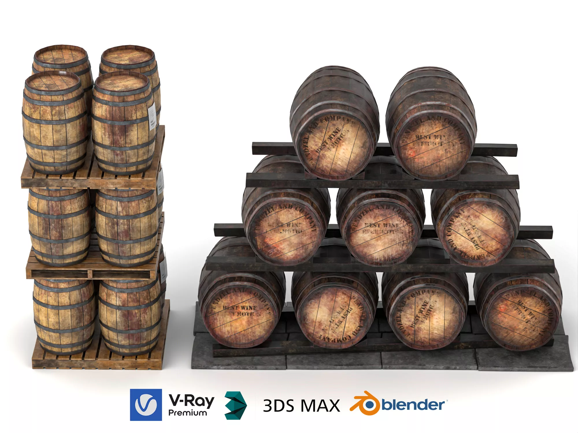 Wooden Wine Barrel Pallet Set 3D model