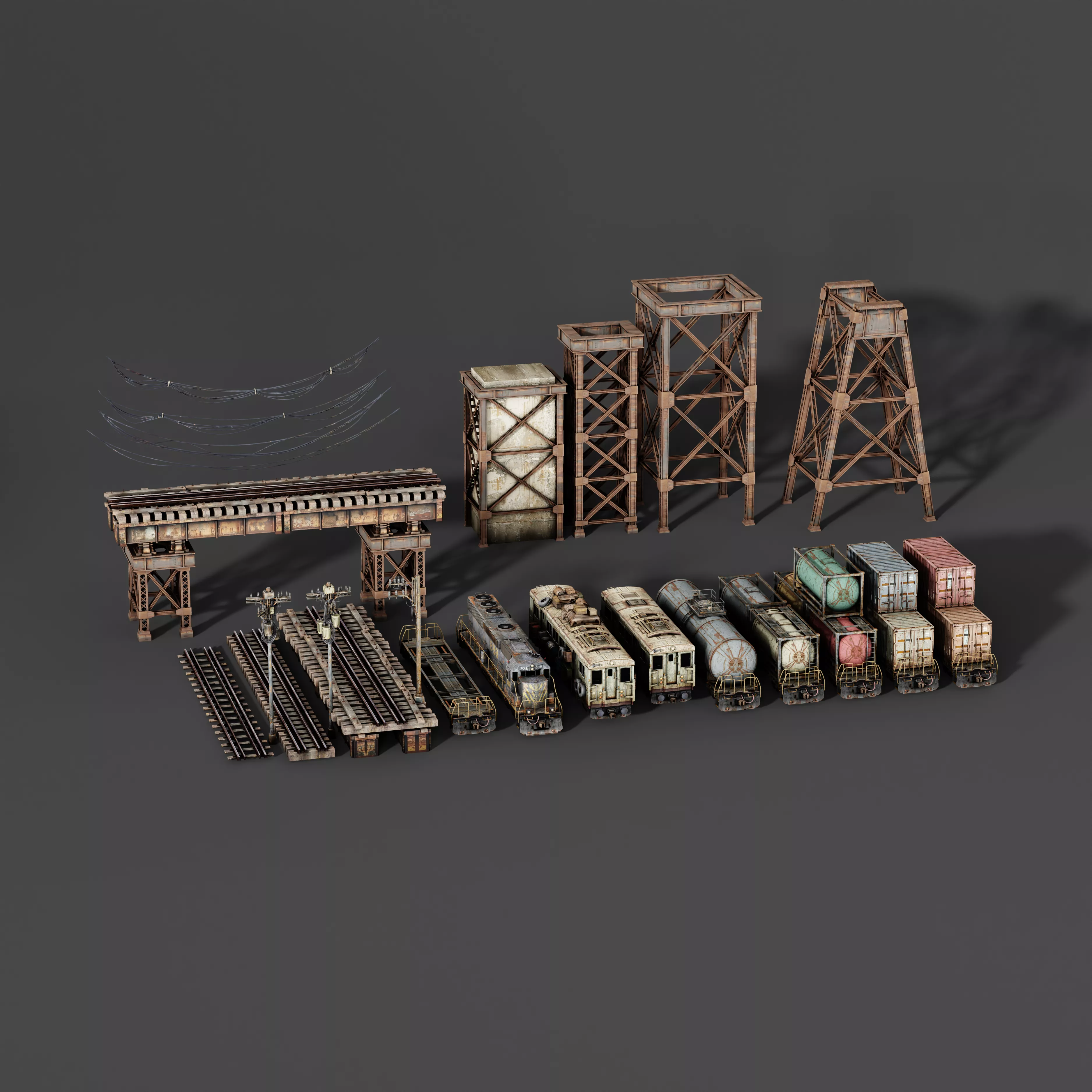 Post Apocalyptic Railway Train Cars Tracks Pack Low-poly 3D model