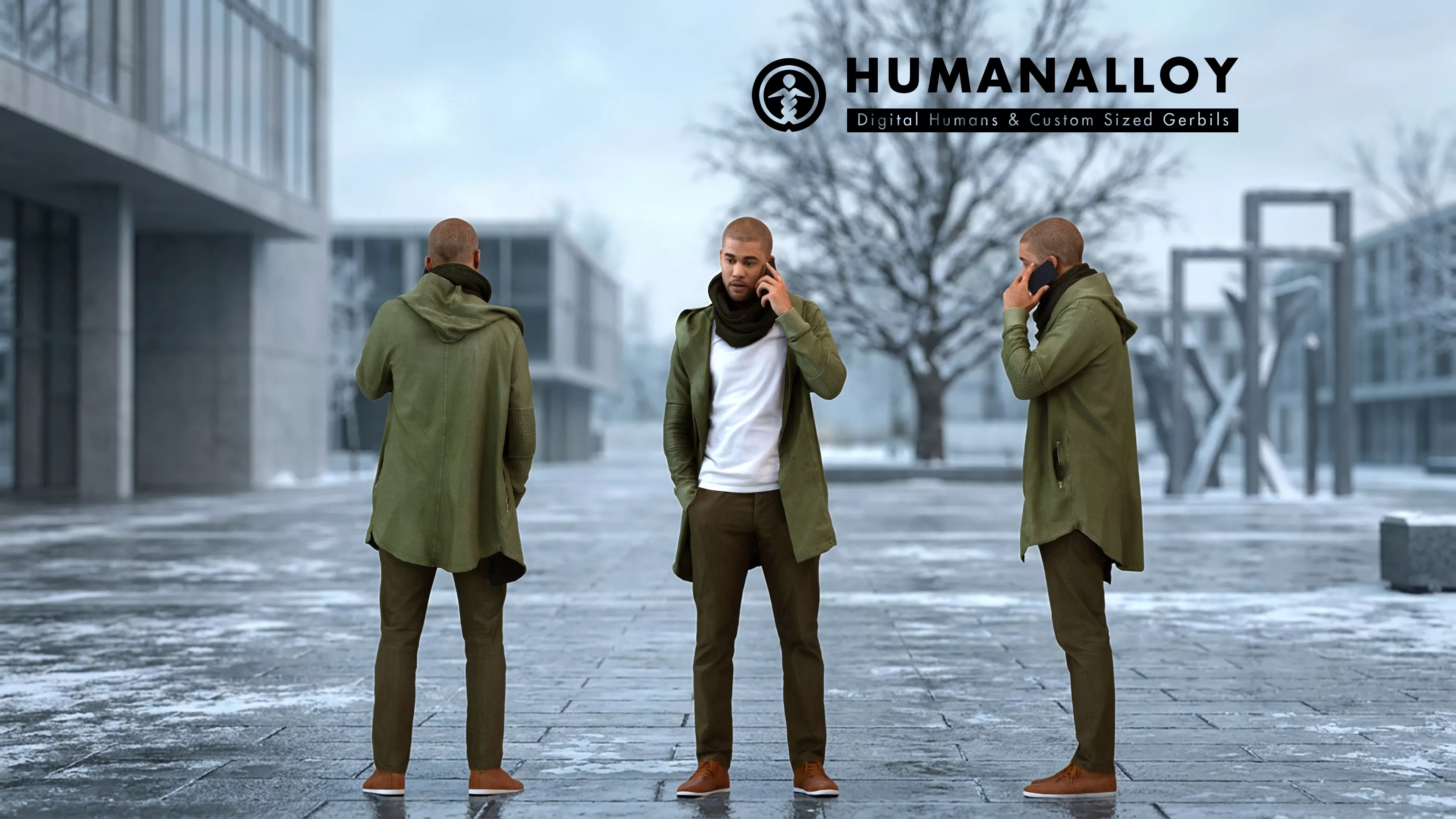 Adult Black male calling on smartphone in winter attire 3D model