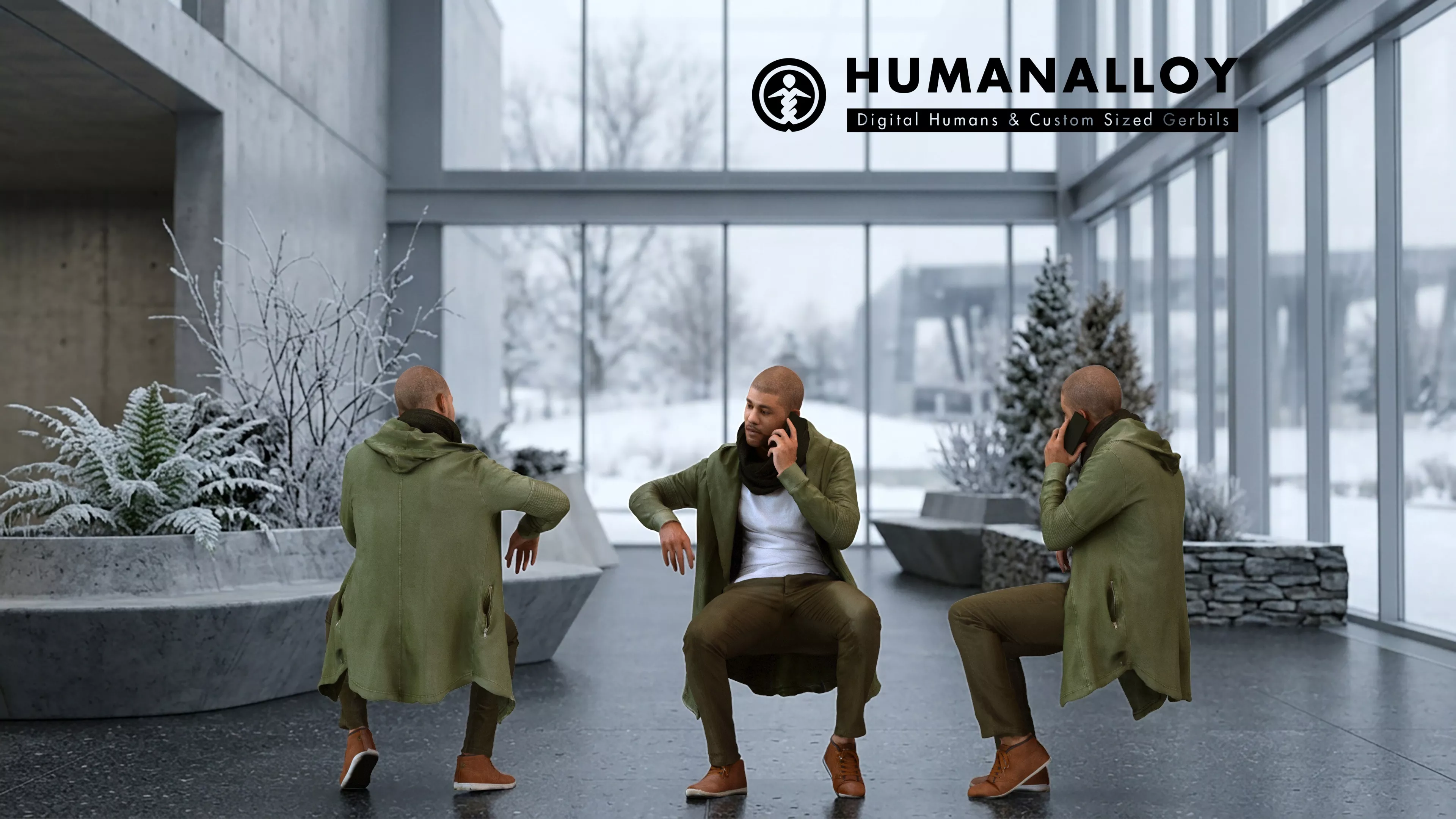 Adult Black man sitting casually while calling on smartphone in 3D model