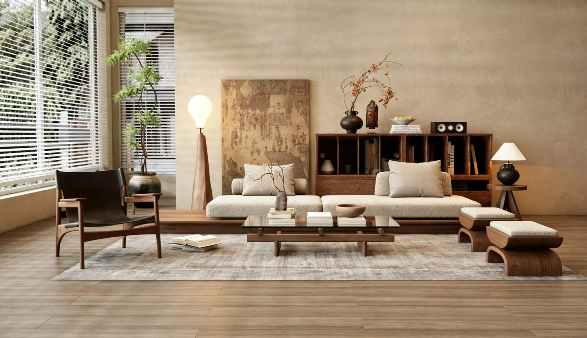 Japanese Wabi Sabi Living Room Set with Low Sofa 3D model