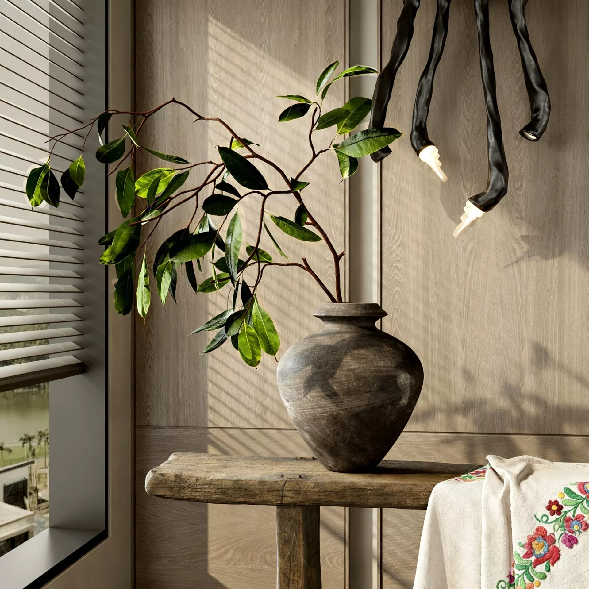 Wabi Sabi Dark Ceramic Vase with Green Branch on Wood Table 3D model