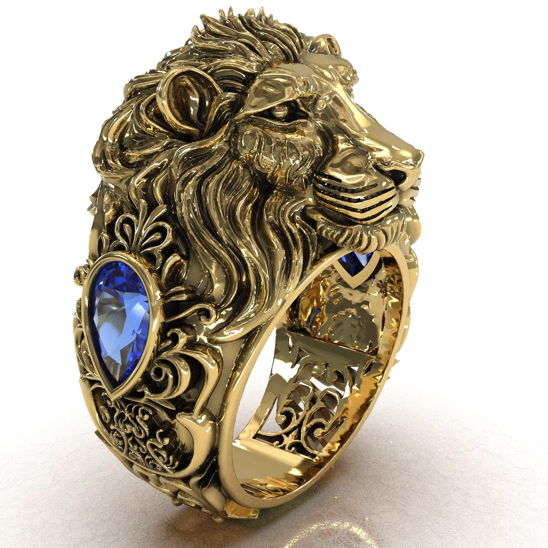 Lion Head Ring with Teardrop Gemstones 3D print model