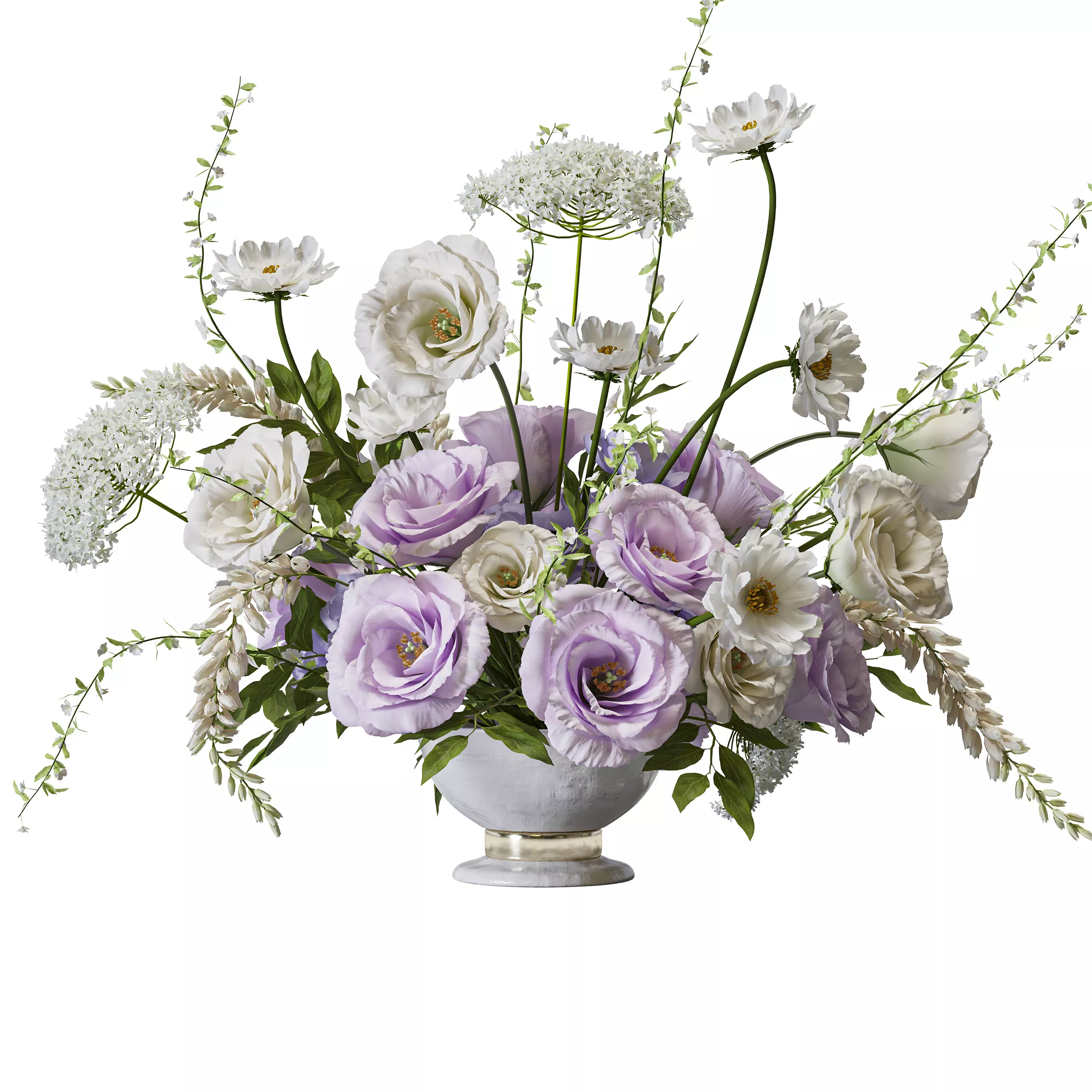 Flower Set 194 Purple White Eustoma Cosmos Bouquet Low Bowl Base 3D model