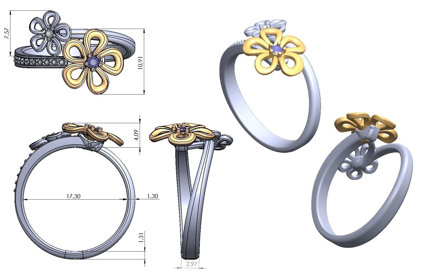 Ring flower with diamonds 3D print model_12