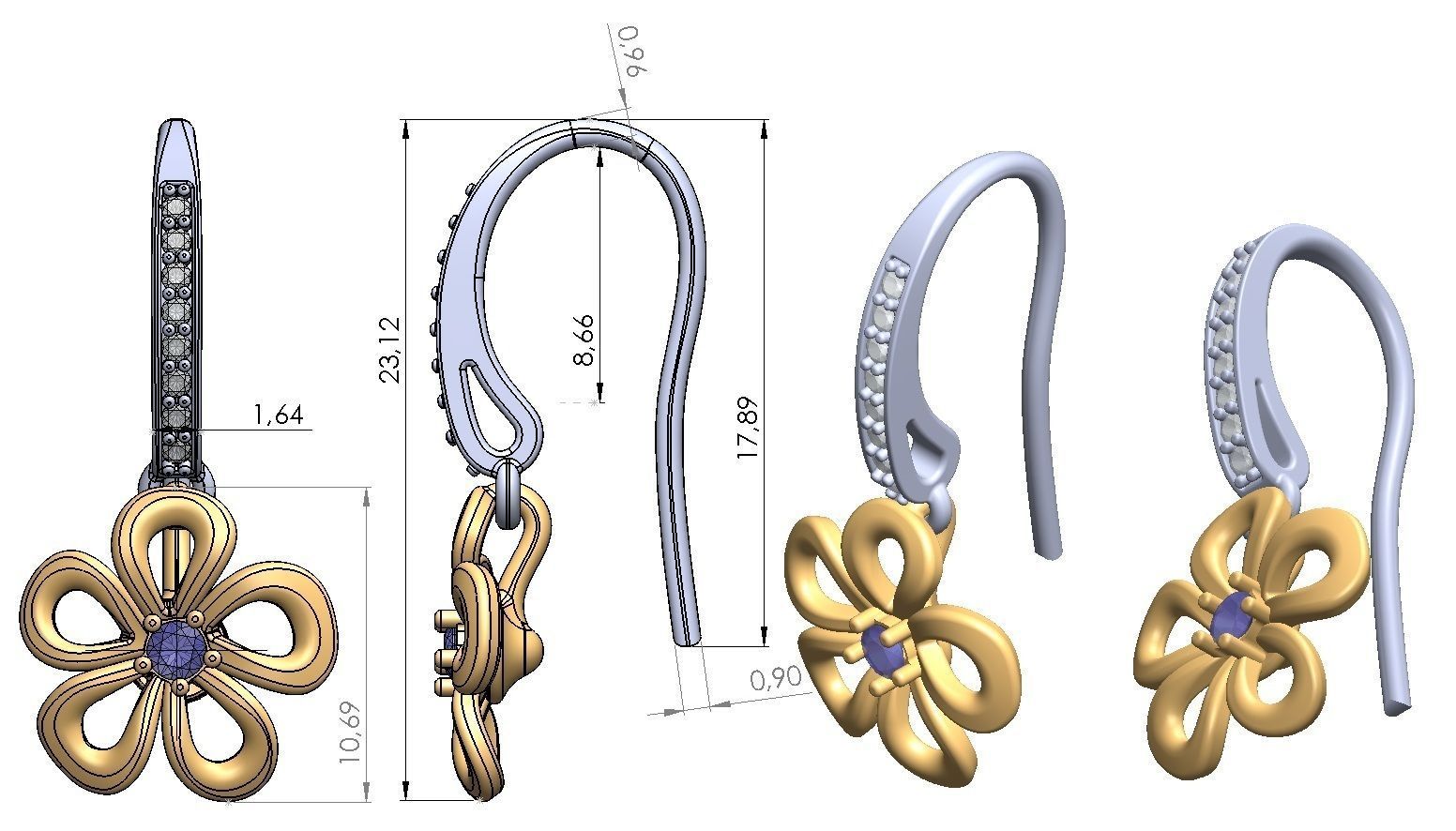 Earrings flower shaped pendant with diamonds 3D print model_8