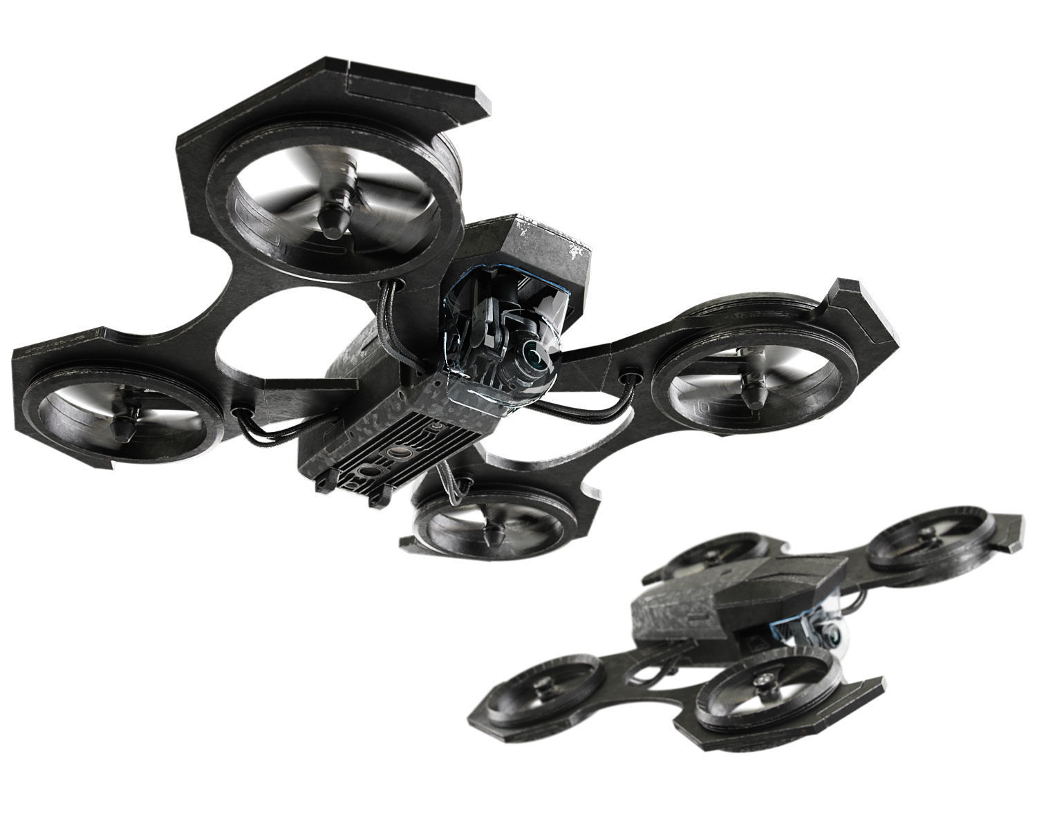 Drone quadcopter flying in sky with flames 3D model_1