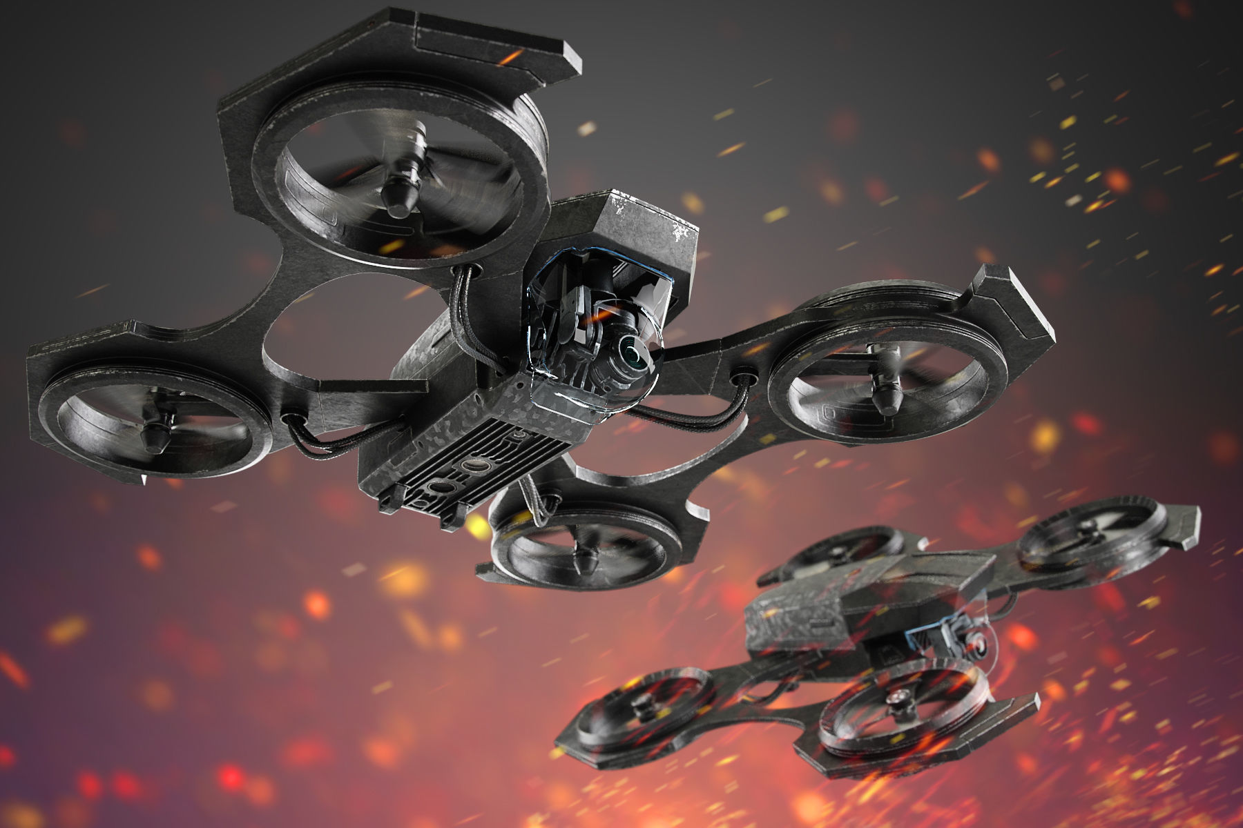 Drone quadcopter flying in sky with flames 3D model_10
