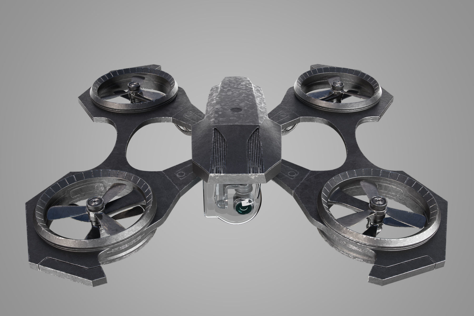 Drone quadcopter flying in sky with flames 3D model_12