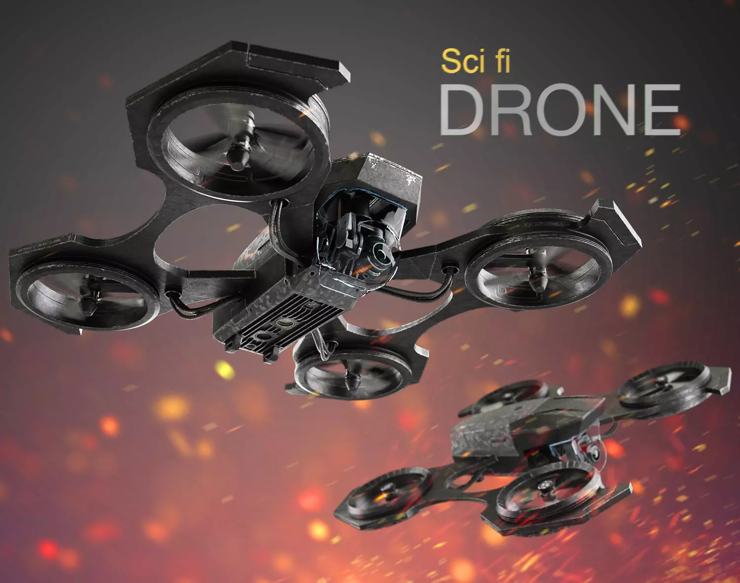 Drone quadcopter flying in sky with flames 3D model_0