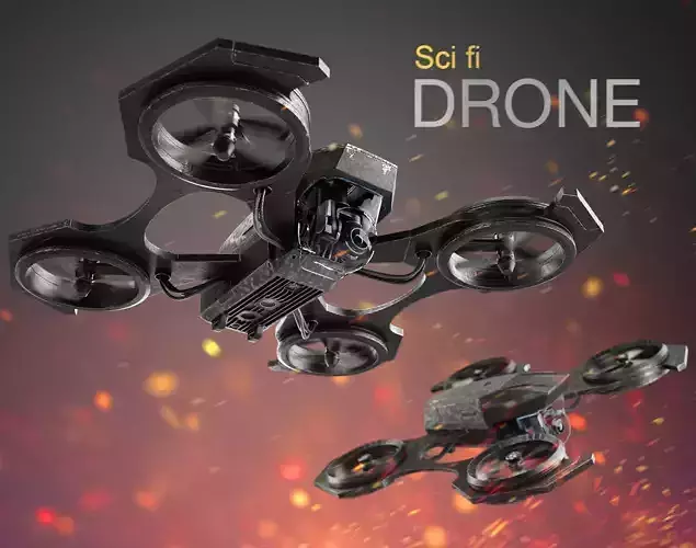 Drone quadcopter flying in sky with flames 3D model