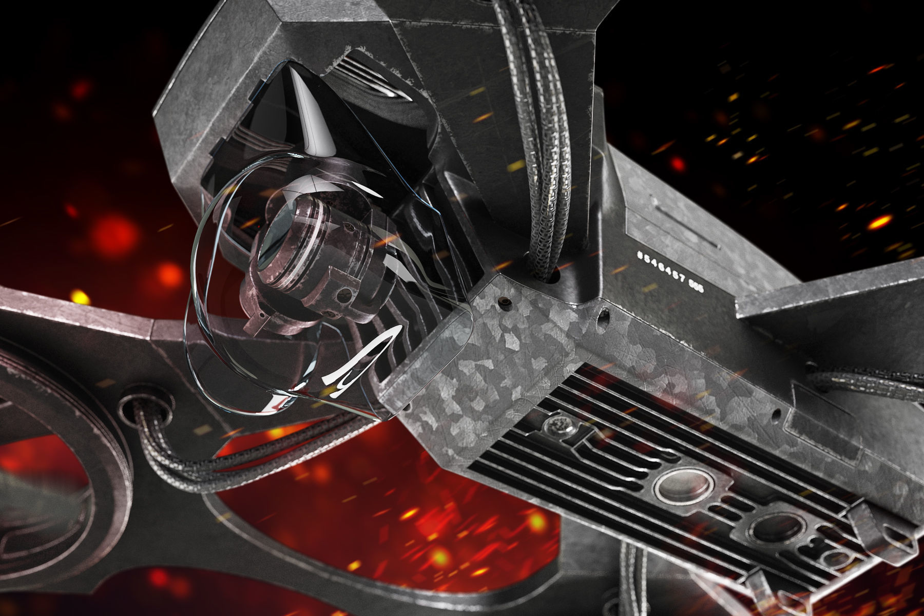 Drone quadcopter flying in sky with flames 3D model_7