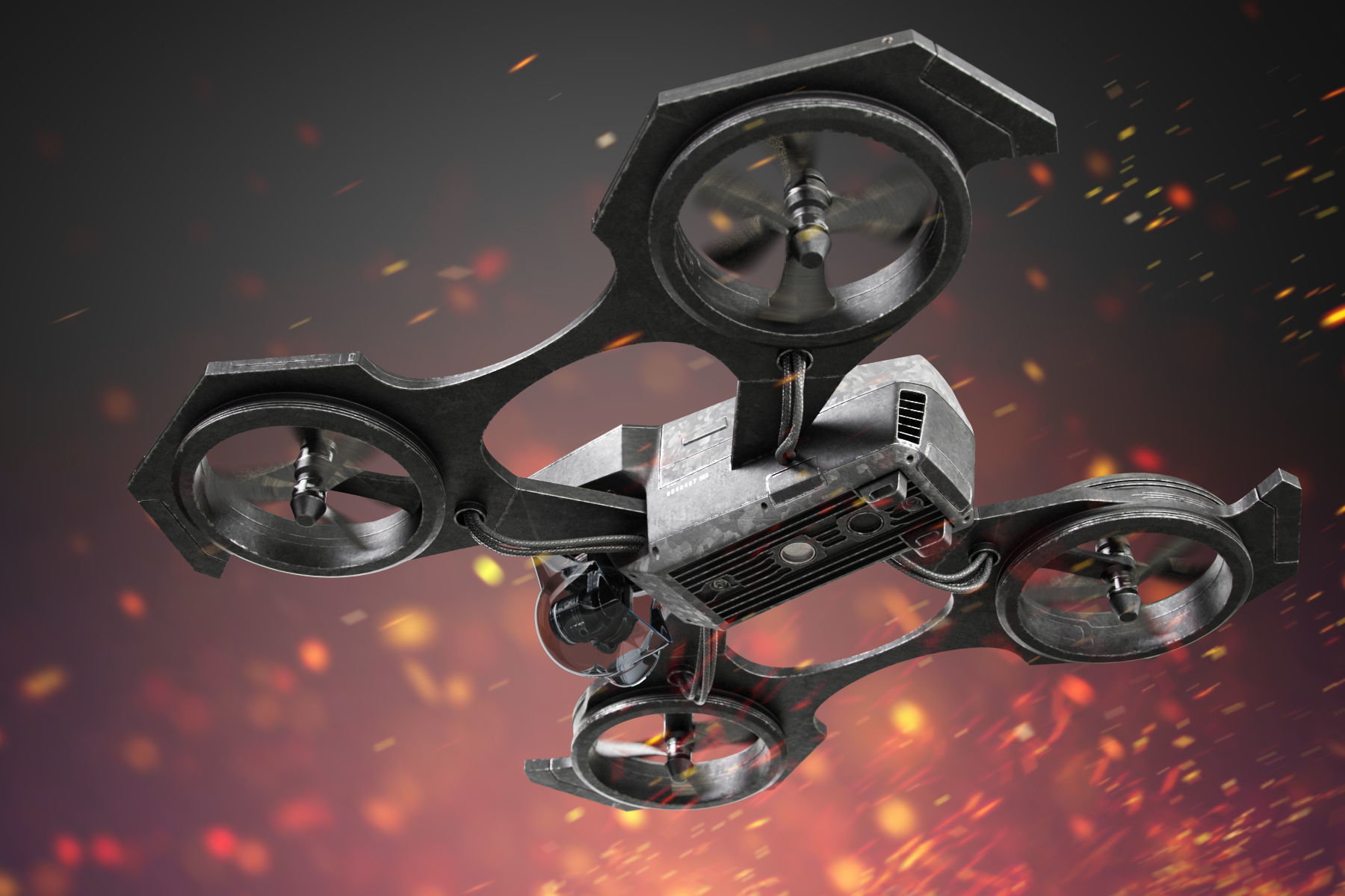 Drone quadcopter flying in sky with flames 3D model_2
