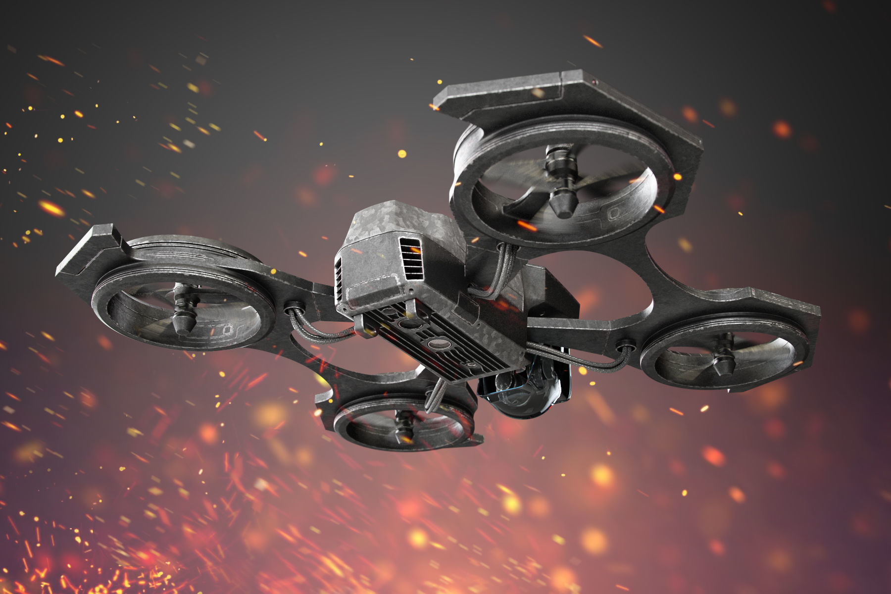 Drone quadcopter flying in sky with flames 3D model_8