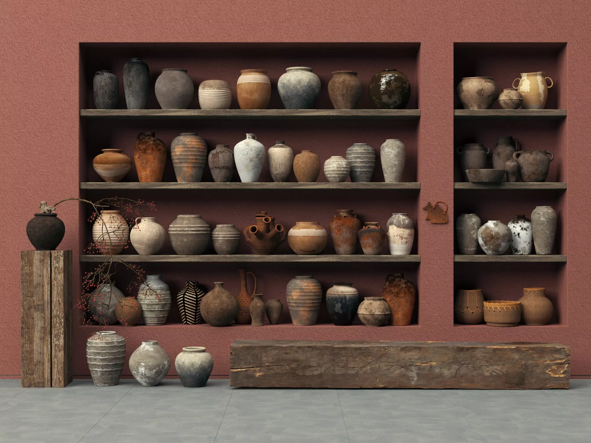 Vintage Pottery Shelf Scene 3D model