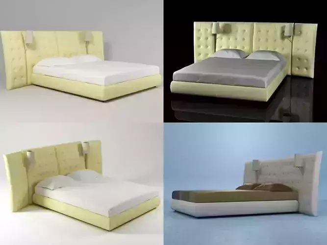Angle bed with different headboards and pillows 3D model