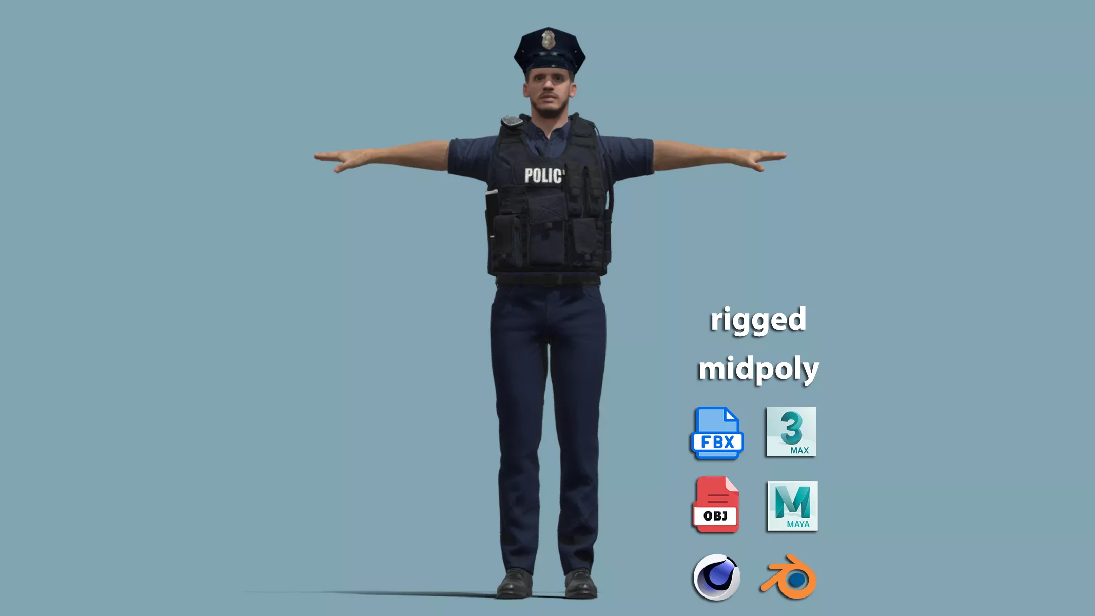 T-Pose Rigged Police Officer Character 3D model