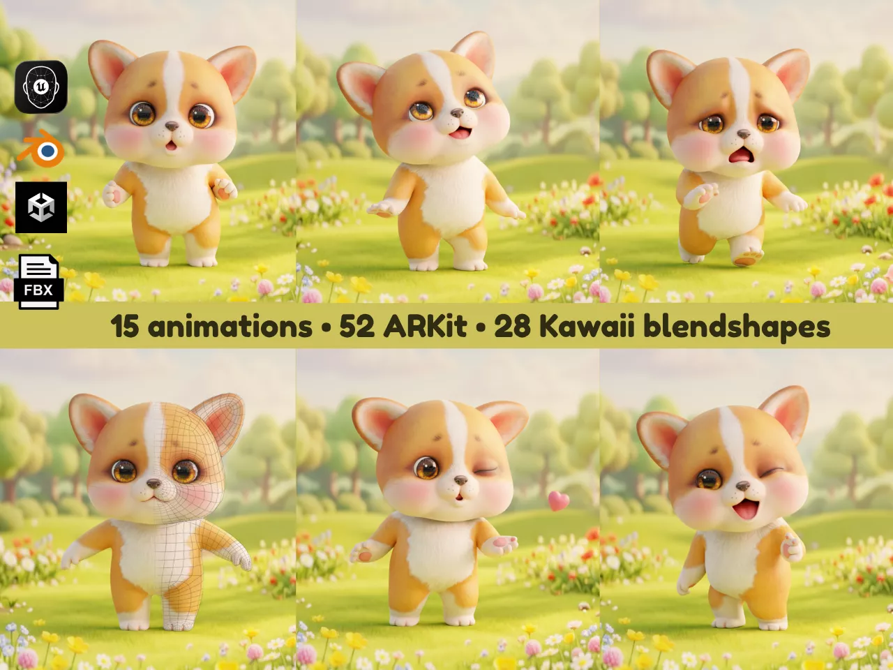 Dog Corgi Rigged Animated 52 ARKit 28 Kawaii Blendshapes Low-poly 3D model