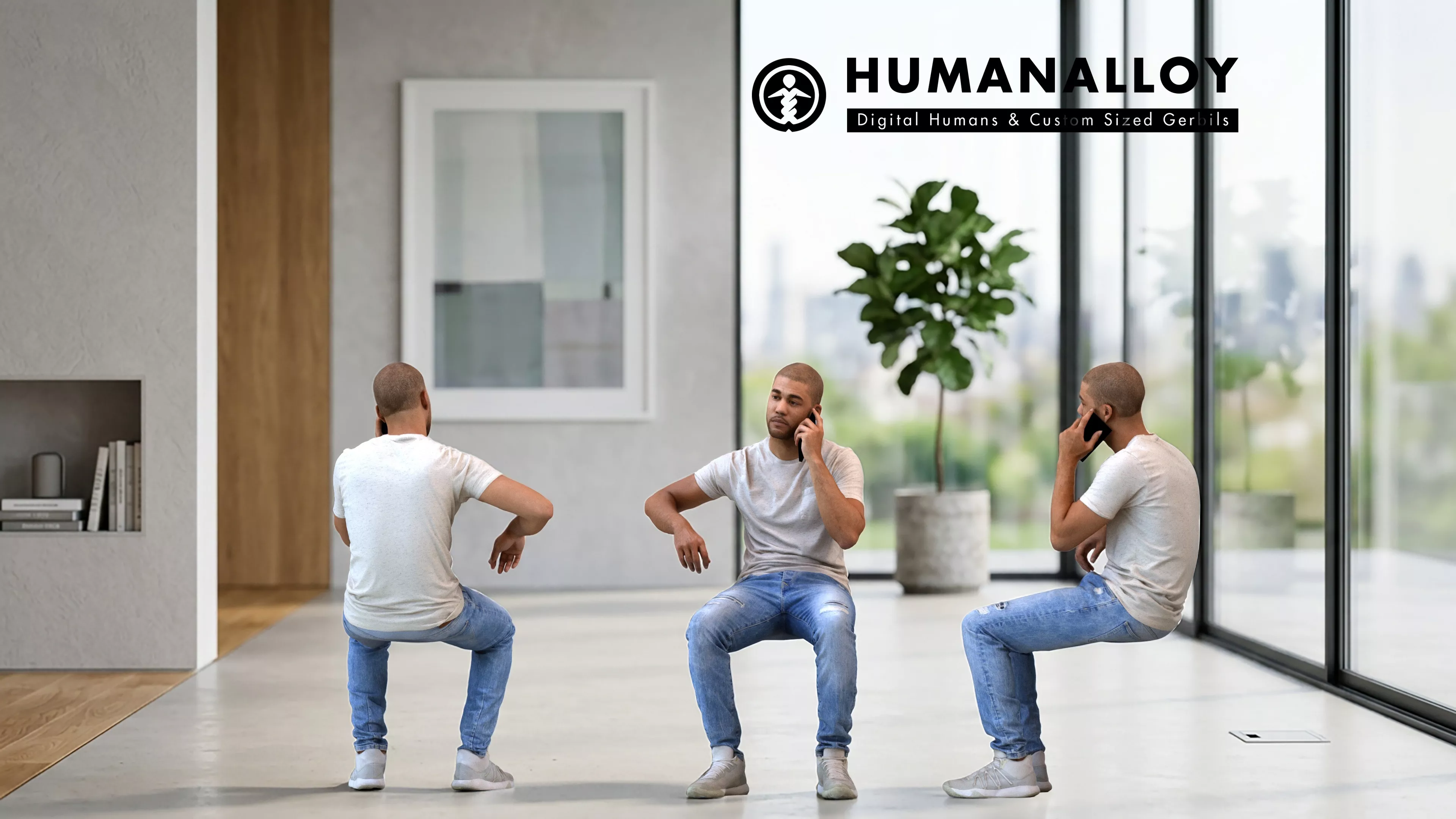 Adult Black man calling on smartphone at home in transitional 3D model