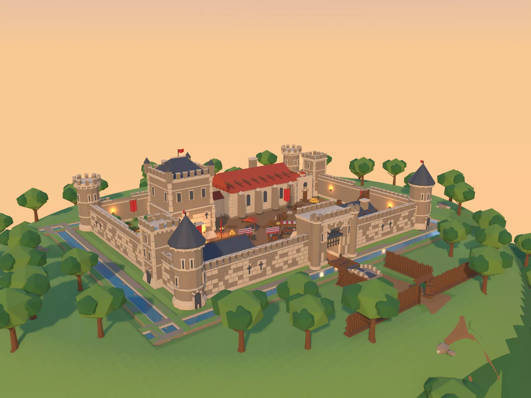 Low Poly Medieval Castle Courtyard Scene - Blender Environment Low-poly 3D model