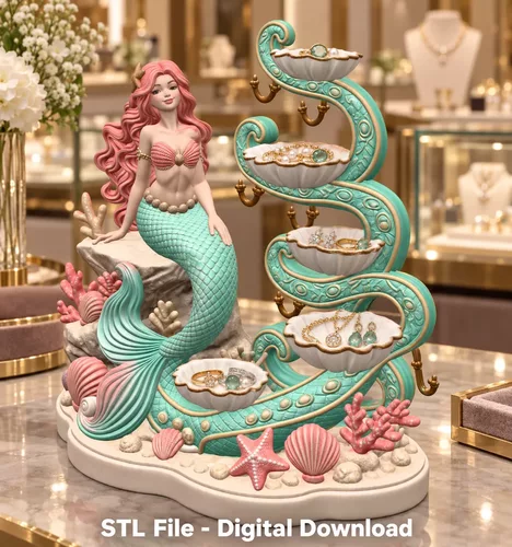 Mermaid Shell Jewelry Organizer STL File for 3D Print