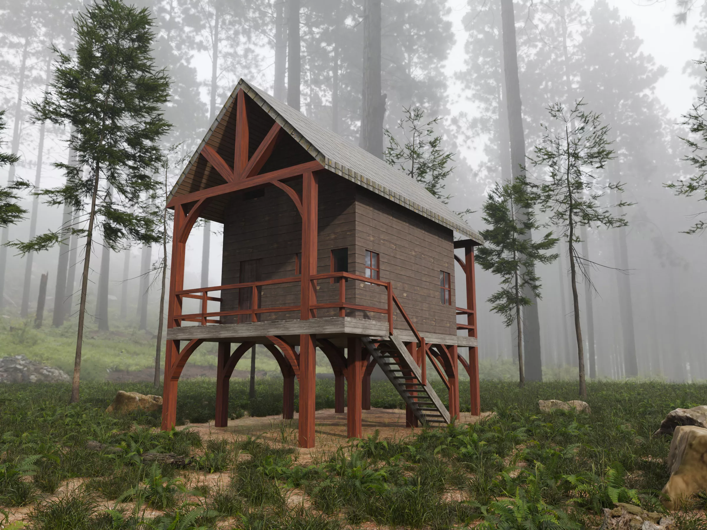 Wooden Forest House on Stilts - PBR - Doors with Pivots Low-poly 3D model