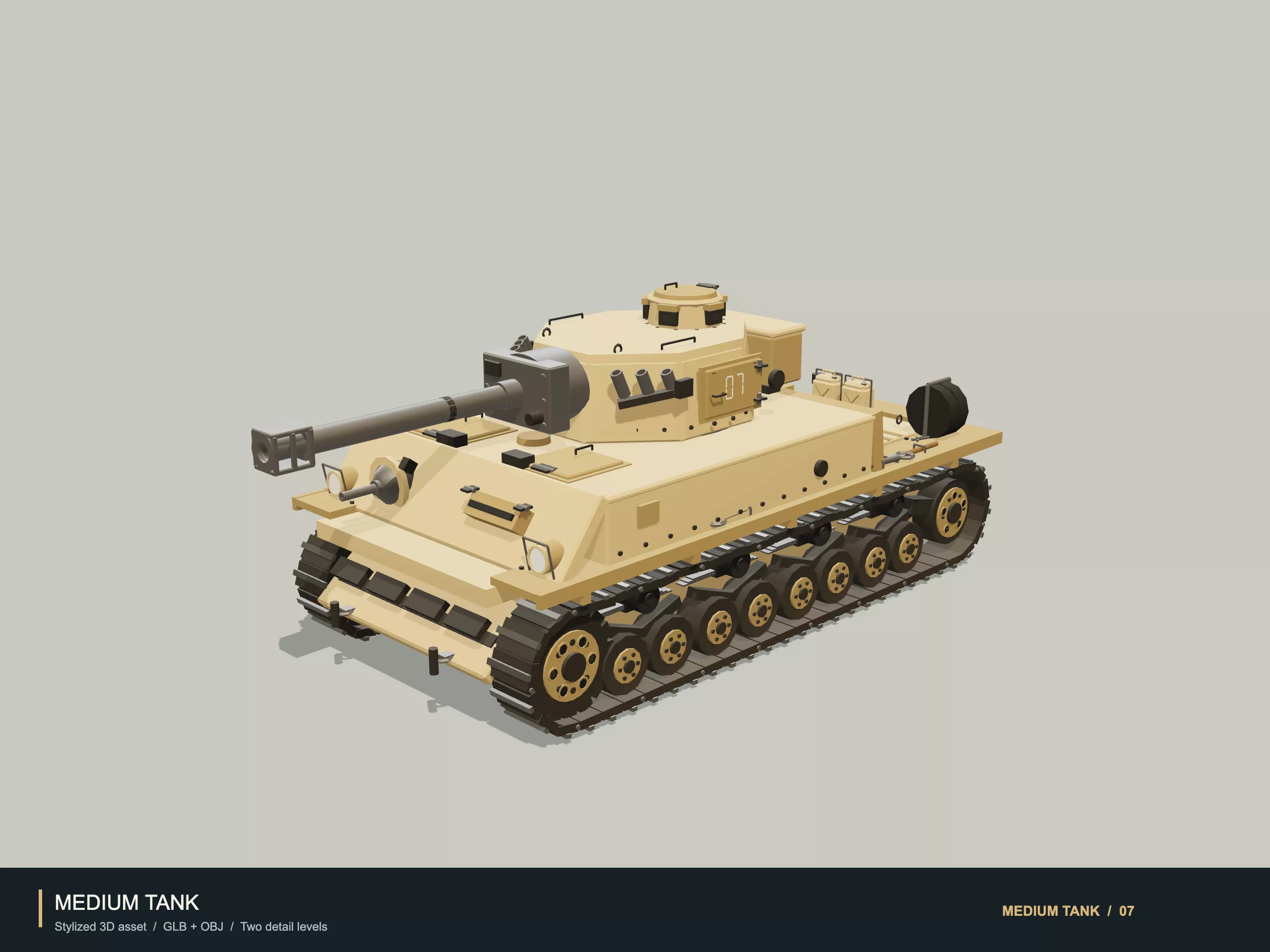 Stylized Medium Tank - Low Poly GLB OBJ LOD and Aiming Animation Low-poly 3D model