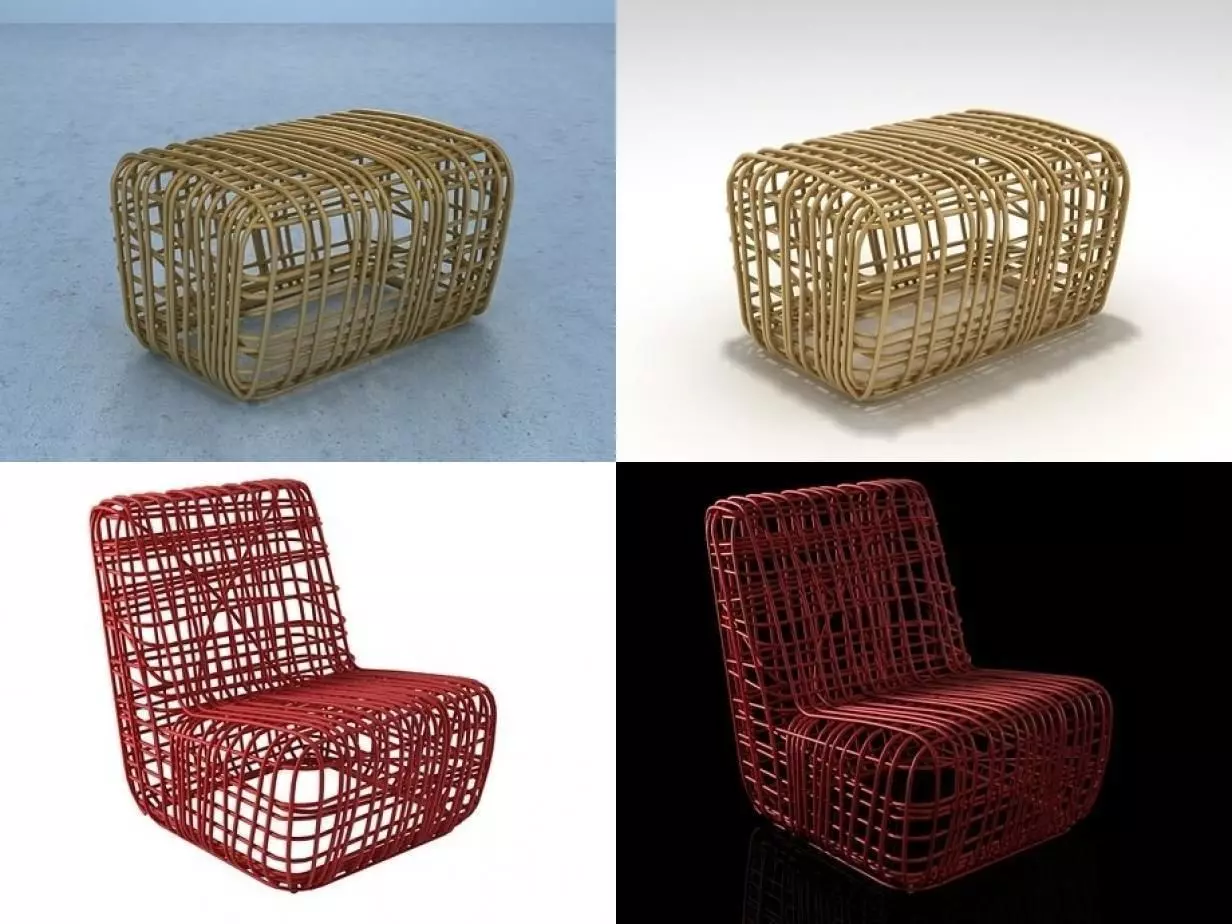 SuperElastica chair and stool made of rattan 3D model_1