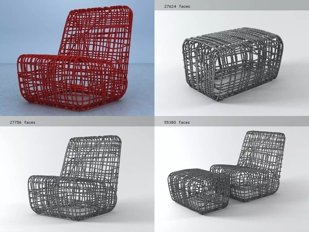 SuperElastica chair and stool made of rattan 3D model_2