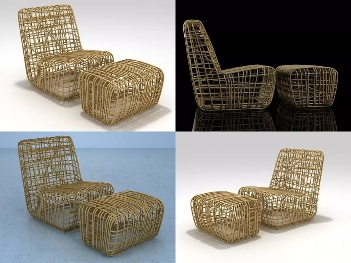 SuperElastica chair and stool made of rattan 3D model_0