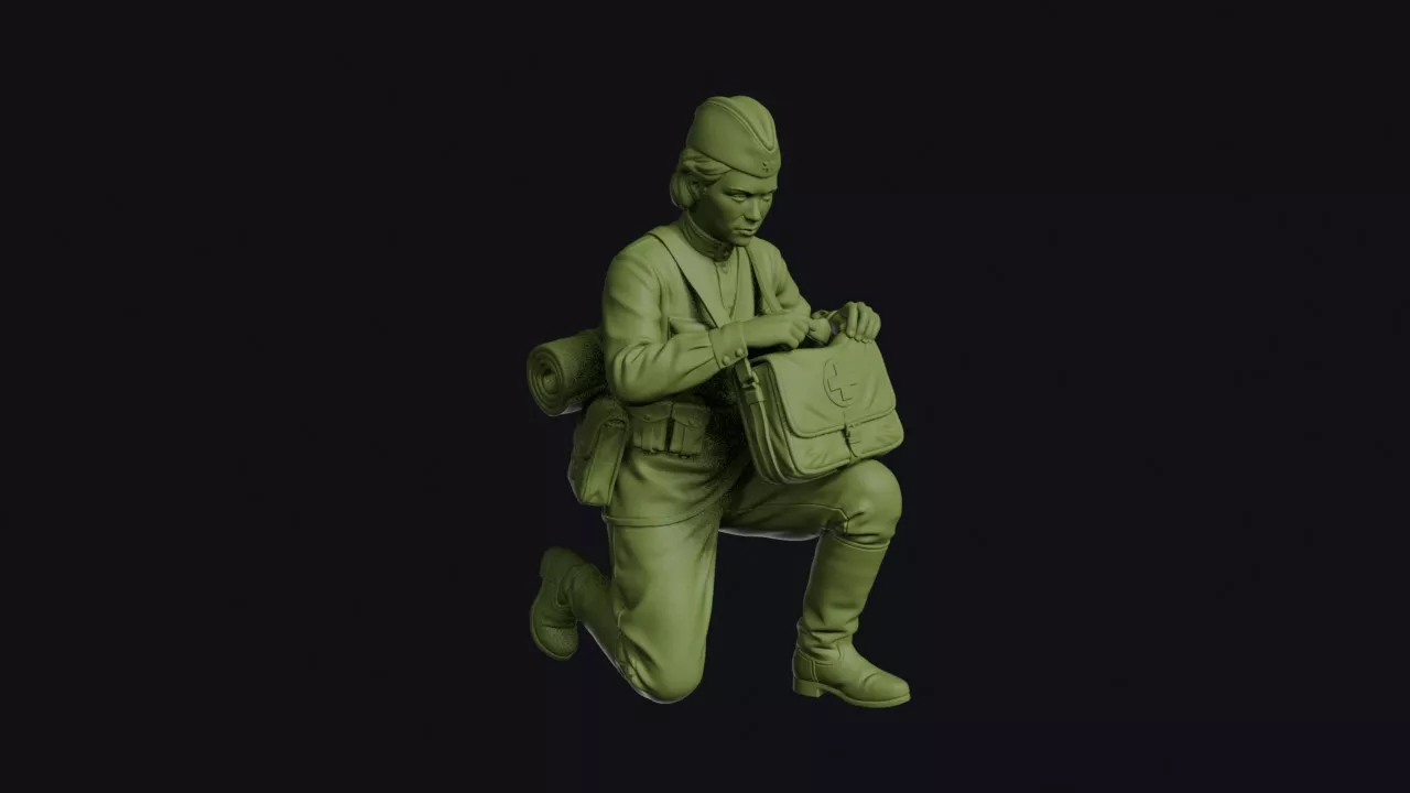 Second World War Soviet Medic Woman Kneeling with a Medical Bag 3D print model