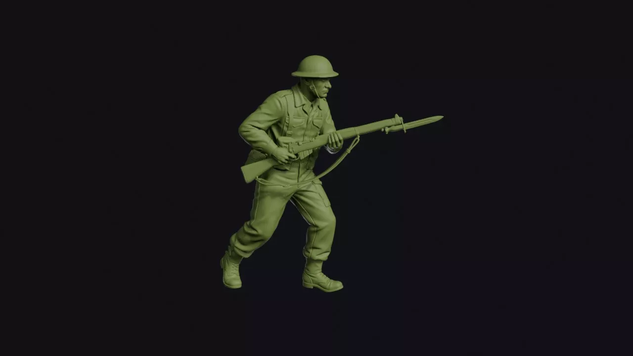 Korean War British Infantryman Charging with Bayonet in Brodie 3D print model