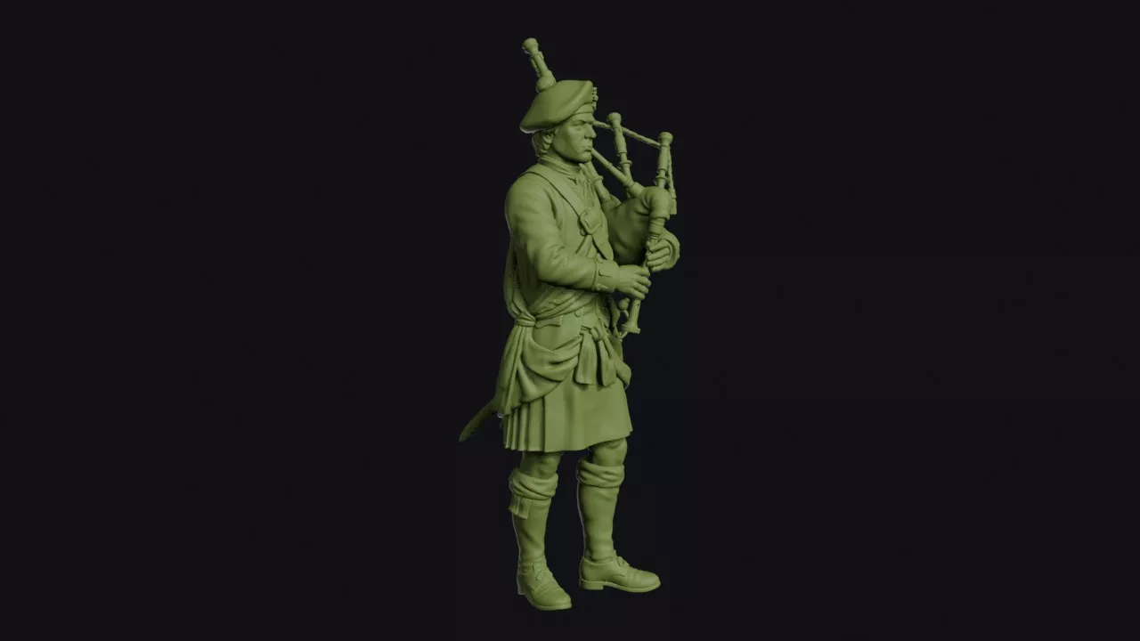 Jacobite Piper of 1745 Playing Bagpipes Standing in Plaid and 3D print model