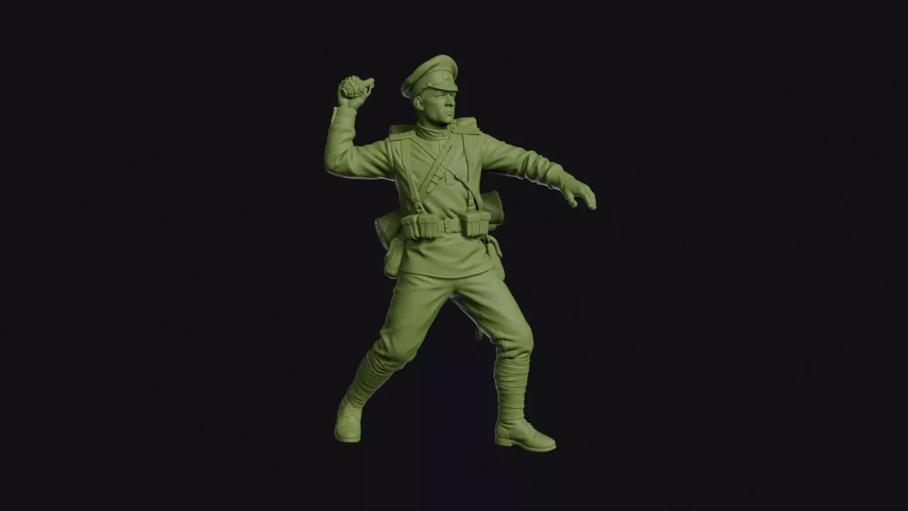 Great War Russian Infantryman Throwing a Grenade with Peaked Cap 3D print model