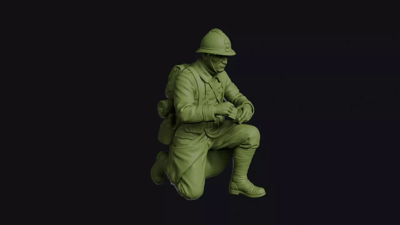 Great War French Stretcher Bearer Kneeling with a Field 3D print model