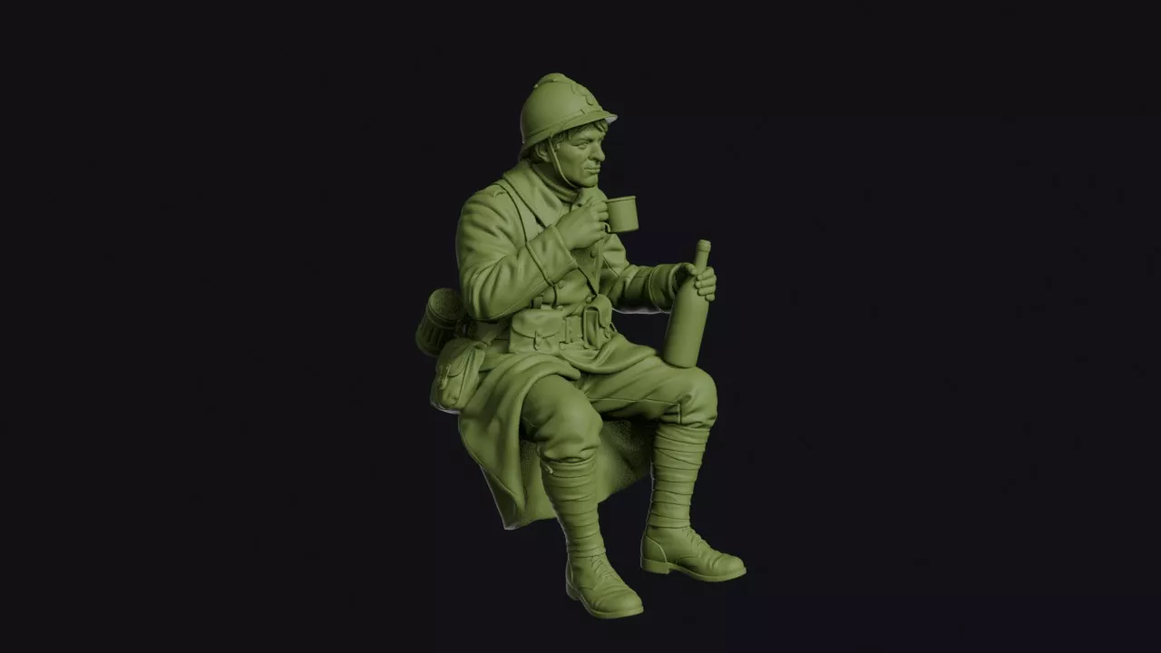 Great War French Poilu with a Wine Bottle and a Tin Cup Seated 3D print model