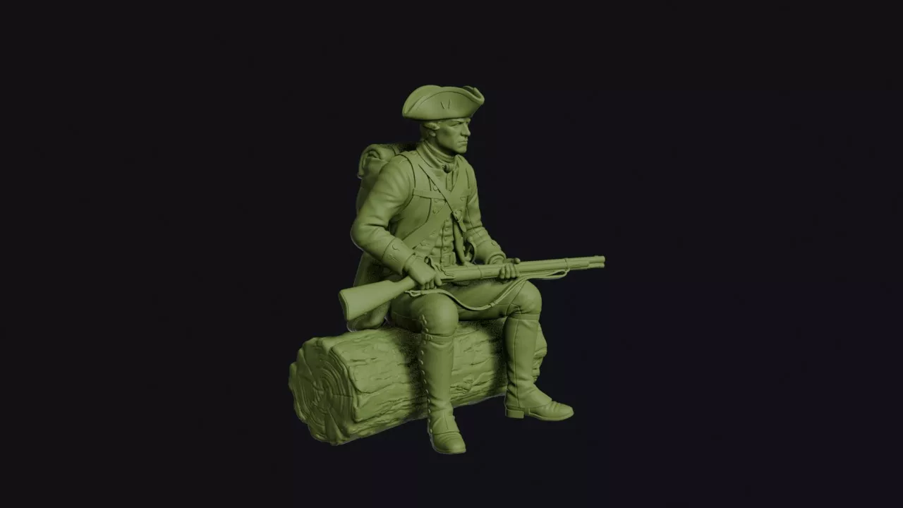 French and Indian War British Regular Sitting on a Log with his 3D print model