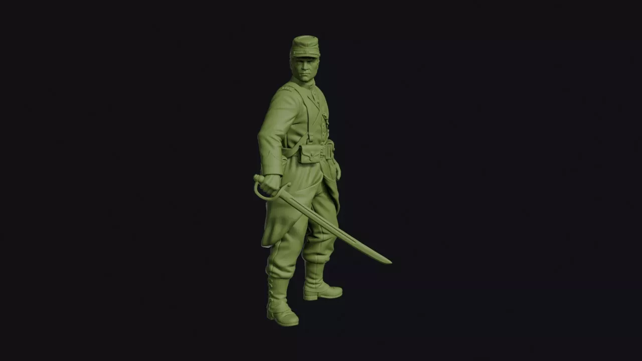 Crimean War French Officer with a Sword Drawn in Kepi and Long 3D print model