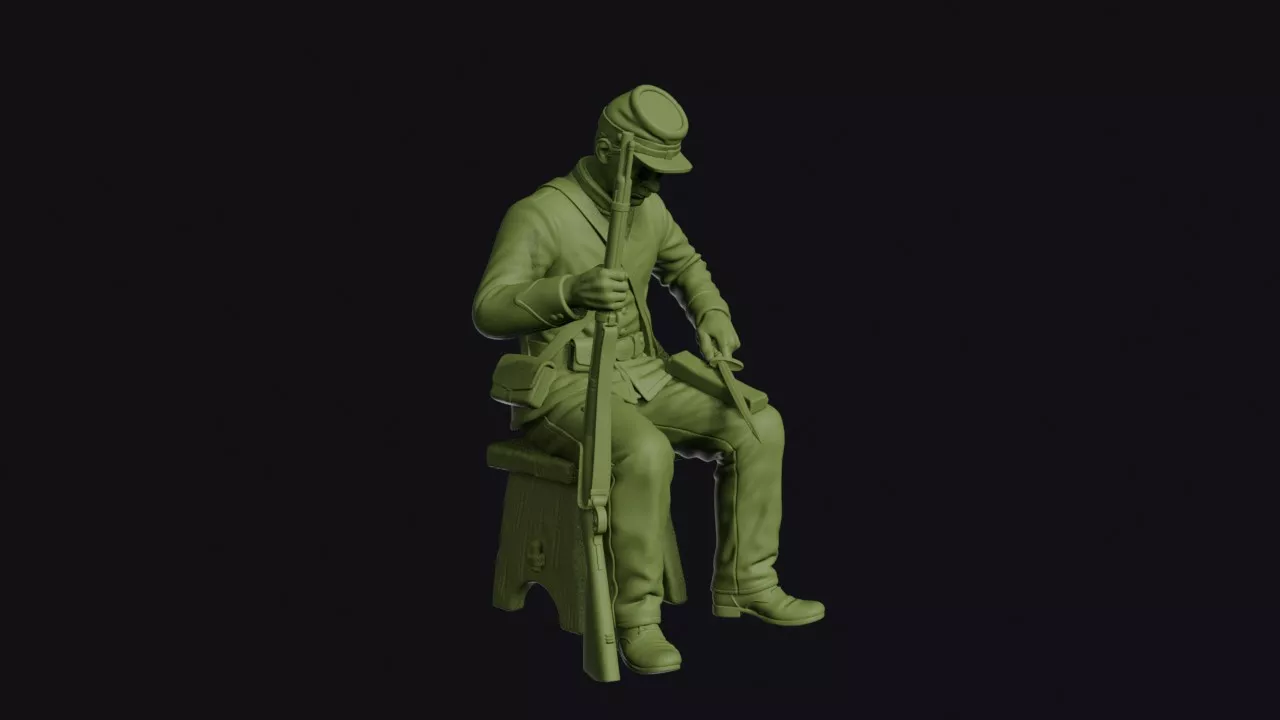Civil War Infantryman Sharpening a Bayonet on a Stone Seated 3D print model