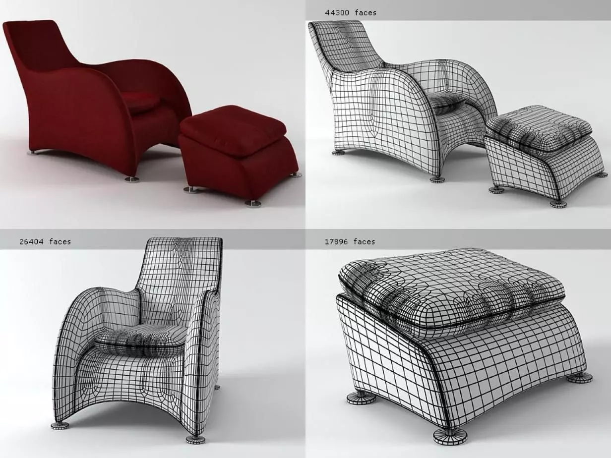 Loge four different chairs and footstool 3D model_3